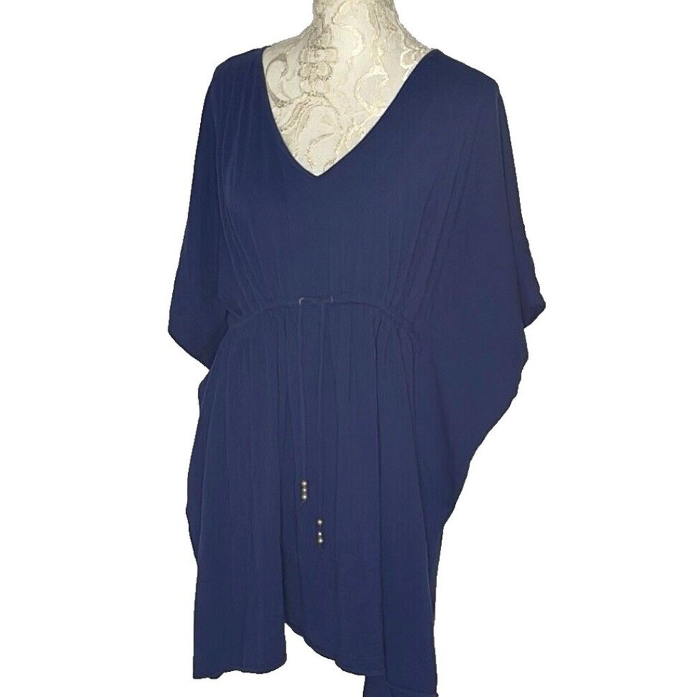 Lands End sz 14/16 Beach Cover Up Mini Dress Kaftan Stretch Knit Kimono Sleeves